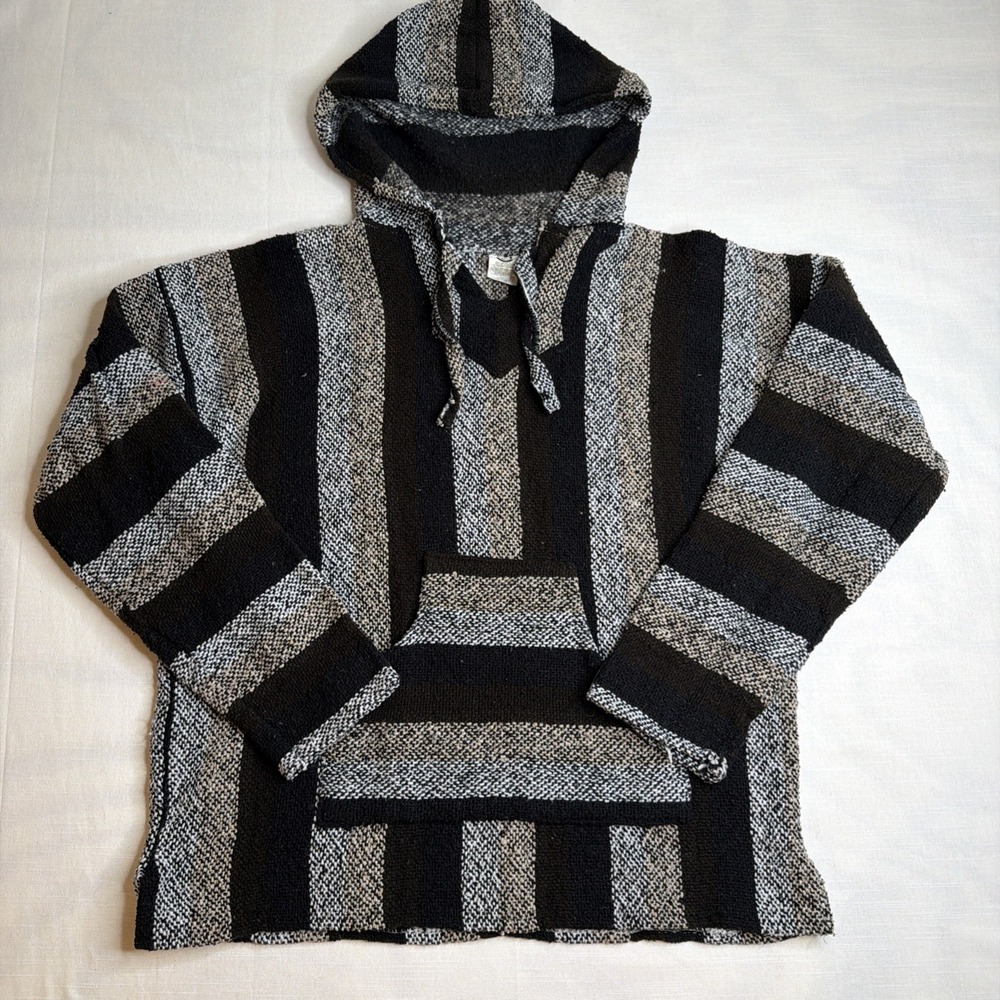 Imports Baja Hoodie Mens L Black Brown Striped Drug Rug Mexican Poncho Pullover